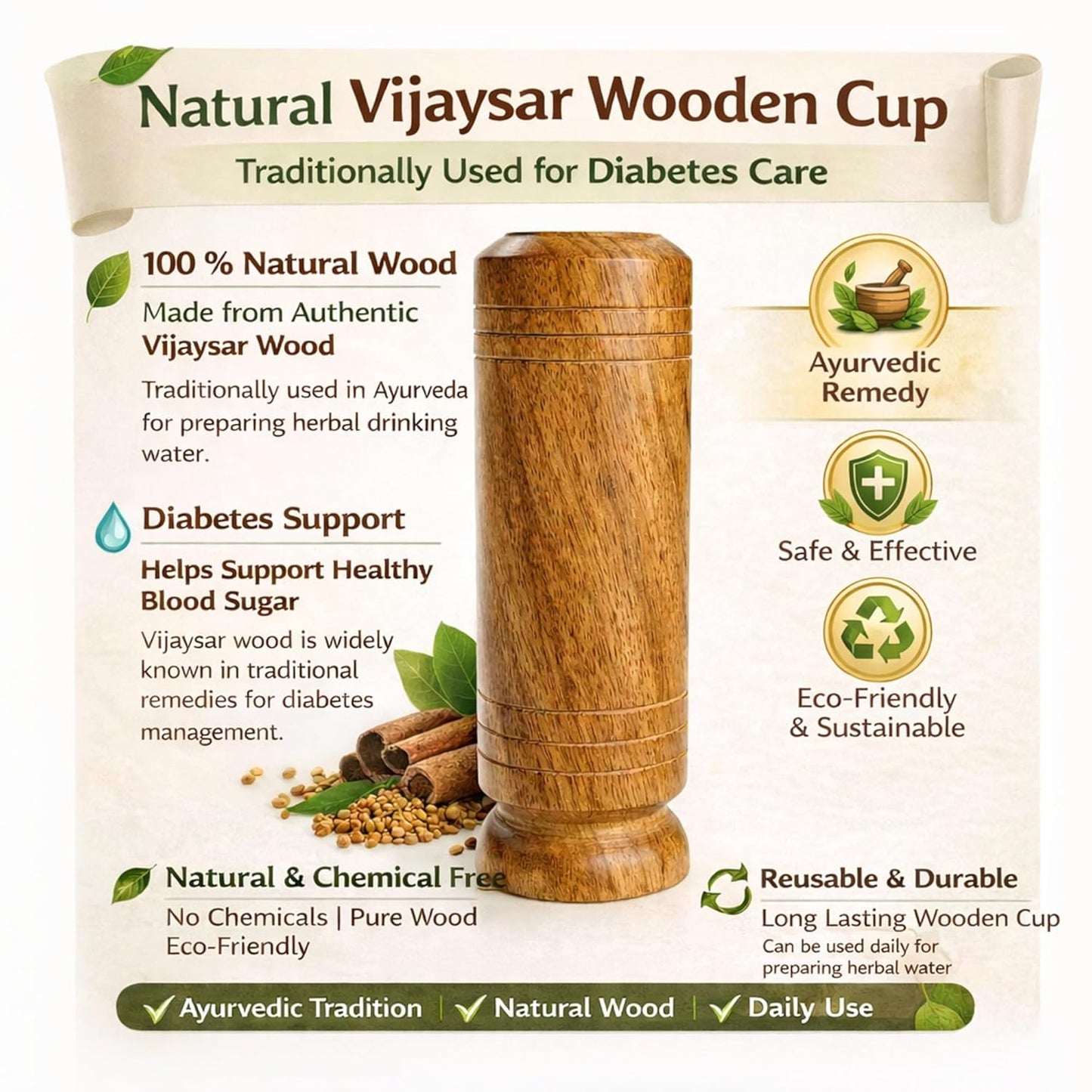 Ayurvedic Vijaysar Wooden Glass 🌿 – Natural Sugar Balance Tumbler 🩺✨